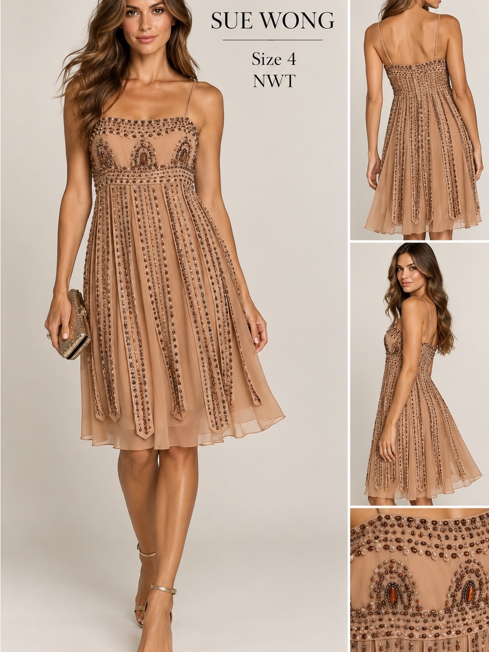 Sue Wong Camel Beaded Spaghetti-Strap Mini Dress